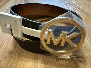 MICHAEL KORS CHOCOLATE BROWN MK LOGO w/ MK LOGO GOLD ROUND BUCKLE SIZE M - Picture 1 of 12