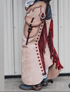 Mens Tan Red Leather Rodeo Chaps, Western Cowboy Riding Gear, Handmade Fringe - Picture 1 of 5