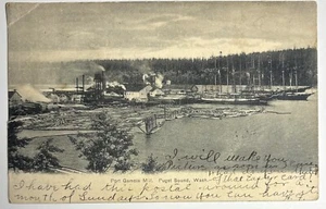 1907 Postcard Port Gamble Mill Puget Sound Washington Logs Ships - Picture 1 of 2