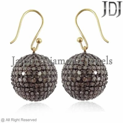 3.74ct Brown Diamond Pave Ball Dangle Hook Earrings 925 Silver 14k Gold Jewelry - Image 1 of 3