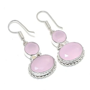 Cuarzo rosa 925 plata esterlina piedras preciosas hechas a mano joyería pendi... - Imagen 1 de 1