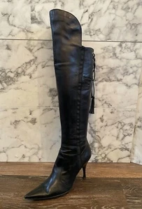 Sergio Rossi schwarze kniehohe Lederstiefel mit Spitzenrückendetail - US 8 - Bild 1 von 12