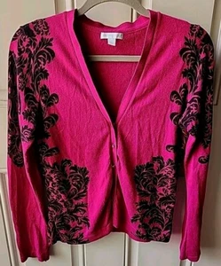 New York & Company Cardigan Sweater Size Medium Pink Black Floral Jewel Buttons - Picture 1 of 11