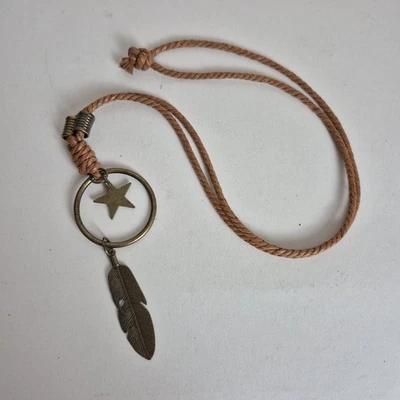 Brown Cord Rope Long Necklace Brass Tone Feather & Star Pendant Boho Lagenlook - Image 1 of 4