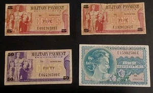 1970 Military Payment Certificates Series 692 Lot Of 4 Notes 5c×2, 50c & $1 - Picture 1 of 16