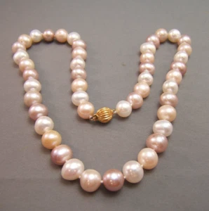 Solid 14k Yellow Gold Clasp Pink White 9mm Pearls Necklace 18"" - Picture 1 of 5