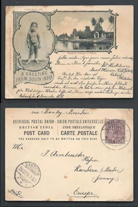 Gruss aus India Hindu Girl Temple court card Madras Tamil Nadu stamp 1898 - Picture 1 of 3