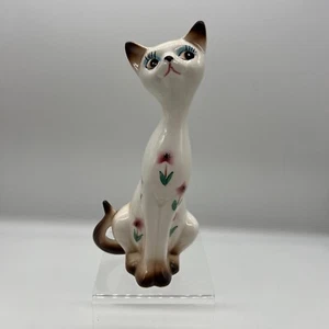 Vintage 60s Siamese White Floral Cat Ceramic Figure Long Neck Kitsch Kitty - Picture 1 of 7