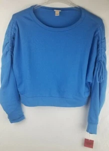 Mossimo Women's Large Ruched Tie Sleeve Pullover French Terry Sweatshirt Blue - Picture 1 of 4