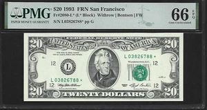 US 20 Dollars 1993 PMG 66 EPQ UNC Fr #2080-L* FRN San Fracisco Withrow/Bentsen - Picture 1 of 4