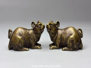 42mm China Pure Copper Bronze Fengshui Rat Mouse Animal Statue A Pair T283 - Picture 1 of 8