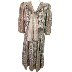 Diane Freis Dress Vintage Womens Beige Elastic Waist Polyester Georgette Scarf - Picture 1 of 12