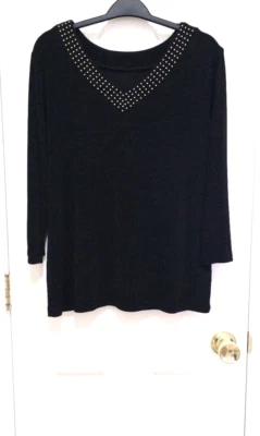 VINTAGE Slinky Brand STRETCHY Beaded V-Neck Shirt Top Medium Black 3/4 Sleeve - Image 1 of 4