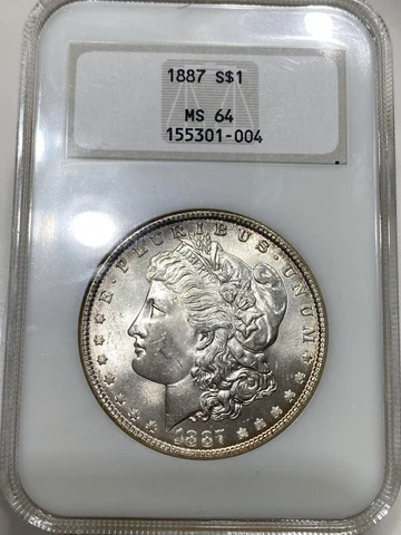 1887 $1 NGC MS-64 Morgan Silver Dollar. Old Fatty Holder. PQ! Cover