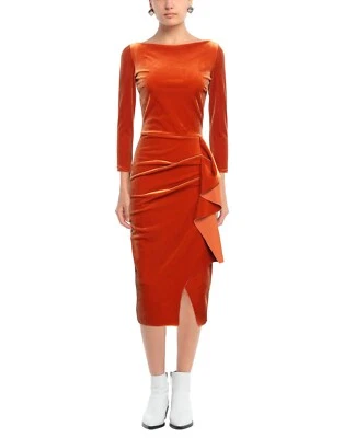 Nuevo con etiquetas Vestido Chiara Boni Gonnen Terciopelo Volantes 4 EE. UU./40 IT Caramelo Precio de venta sugerido por el fabricante: $750 Foto 1 de 4