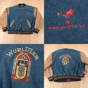 vtg 90s Wurlitzer embroidered jukebox denim dad snap bomber promo jacket LARGE - Picture 1 of 8
