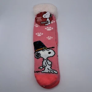 Peanuts Snoopy Sherpa Lined Socks Pilgrim Thanksgiving Cozy Pink Warm - Picture 1 of 6
