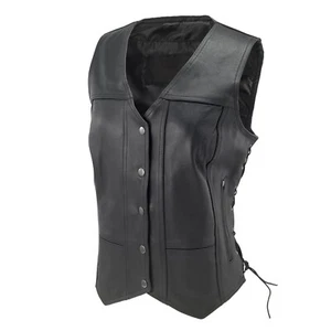 WOMEN'S MOTORCYCLE BLACK 6 POCKET LEATHER VEST WITH SIDE LACES GUN POCKETS - Picture 1 of 4