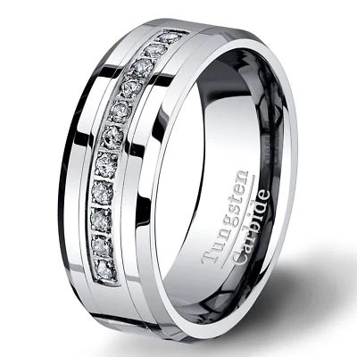 Anillo de carburo de tungsteno de 8 mm con brillante alianza de boda para hombre con circonita cúbica Foto 1 de 3
