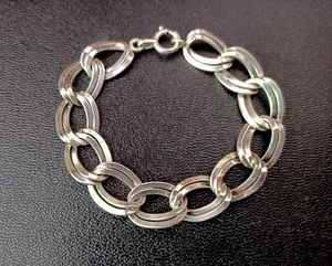 Ancien Bracelet Chaine Double Maillon En Argent Massif . - Picture 1 of 13