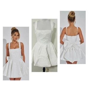Elegant Women Small White Sequined Dress by Babyboo Detachable Bow Prom Gown NWT - Picture 1 of 13