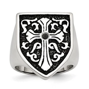 Stainless Steel Antiqued and Polished 1/20 Ct Black Diamond Shield Ring Size 12 - Picture 1 of 7