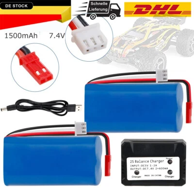 2 x 1500mAh Batterie 7,4V Akku JST mit Ladegerät für HUANQI RC Hubschrauber Boot - Bild 1 von 4