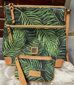 Dooney Bourke Set! Green Siesta Palm Leaves Tropical Crossbody + Wristlet Pouch