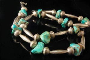 VINTAGE OLD PAWN NAVAJO TÜRKIS NUGGETS SILBER PERLEN 23 ZOLL LANGE HALSKETTE MR - Bild 1 von 5