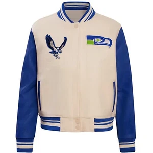 Seattle Seahawks Cream Body RoyalBlue Leather Baseball Jacket Varsity Jacket - Picture 1 of 5