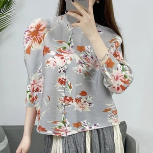 New Pleated Casual Button Print 3/4 Sleeve Top Shirt Women's Loose Clothing - Picture 1 of 20