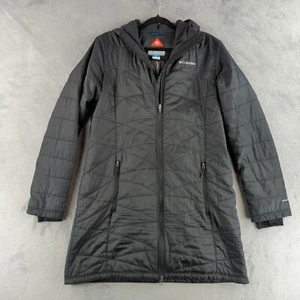 Columbia Womens Large Omni Heat Puffer Jacket Long Black Packable Hooded Coat - Picture 1 of 14