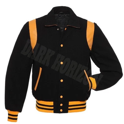 Chaqueta de béisbol Varsity Letterman College negra lana dorada cuero a rayas Foto 1 de 3