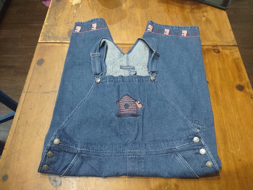 Mono Jean Mountain Lake Patriótico Bordado Azul Babero Capris Bandera Mujer M Foto 1 de 4