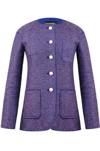 Giacca Chanel tweed con logo bottoni perle viola blu toppa tasche tg 10