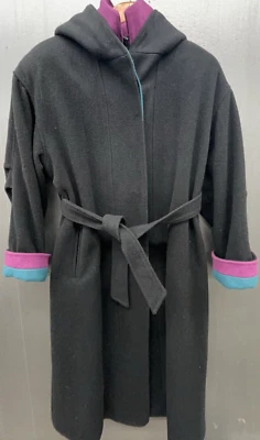 Vtg Wool Coat Women L Black Purple Teal Zip Belt Hood Retro Dark Fairy Whimsgoth - Image 1 of 4