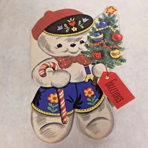 Vtg 1949 Diecut Xmas Card Anthropomorphic Snowman Tree Candy Cane Flocked Hat - Picture 1 of 9