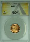 1950-D Lincoln Wheat Cent 1C Coin ANACS MS 66 RD (32) B