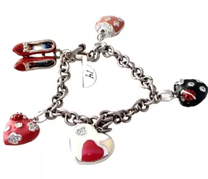 Rolo Toggle Bracelet Enameled Charms Red / Black in Sterling Silver 7"Inch - Picture 1 of 8