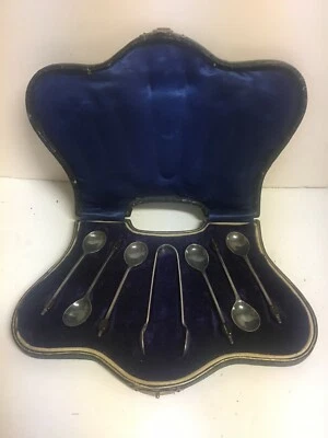 JUEGO DE 6 CUCHARAS DE CAFÉ EXPRESSO ANTIGUAS VINTAGE CON PINZAS EN CAJA Foto 1 de 4