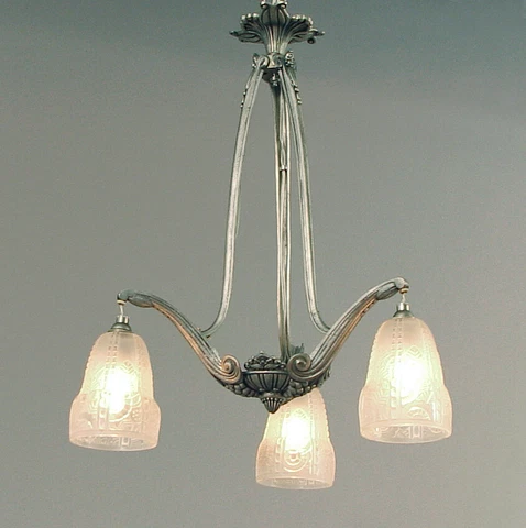 Elegant French Art Deco (Nickel Plated, 3-Light) Chandelier, Sue & Mare Style Cover