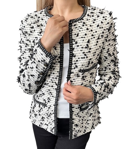 Giacca tweed CHANEL vintage logo CC Mark bianco nero nylon cotone aperto davanti