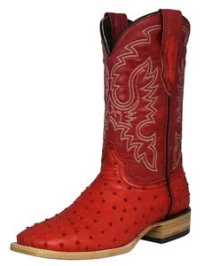 Herren Rot Rodeo Cowboystiefel Straußenfeder Druck Leder Western Eckige Zehe - Bild 1 von 5