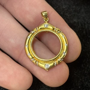 14k Yellow Gold With Diamonds 16mm Prong Coin Bezel Pendant 4.22 Grams - Picture 1 of 12