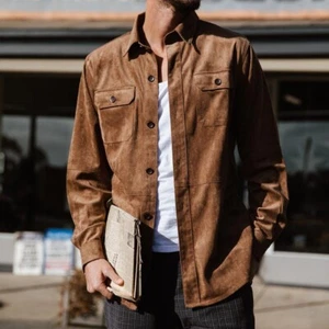 Giacca camicia casual uomo giovane moda ecopelle scamosciata girocollo tasche - Foto 1 di 5