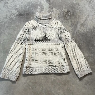 Suéter Express Para Mujer M Kawaii Tejido a Mano Marfil Crochet Copo de Nieve Arte Cuello Alto Foto 1 de 4