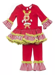 New Girls Rare Editions sz 4T Red Lime DANCING REINDEER Christmas outfit Clothes - Picture 1 of 3