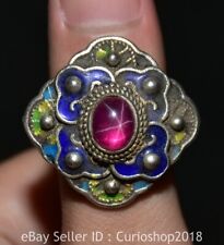 1.2" Rare Old Chinese Cloisonne Silver Inlay Pink Gem Flower Figure Ring