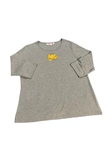 Quacker Factory 3/4 Sleeve Rhinestone Pumpkin Shirt Grey Orange Size Large - Picture 1 of 8