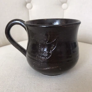 Vintage 70s Eagle Mug Carved Clay Pottery Small Cup Handle Dark Brown Signed - Picture 1 of 5